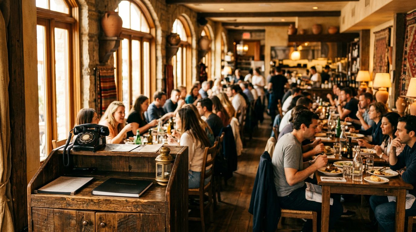 A busy restaurant with a phone ringing unanswered at the host stand