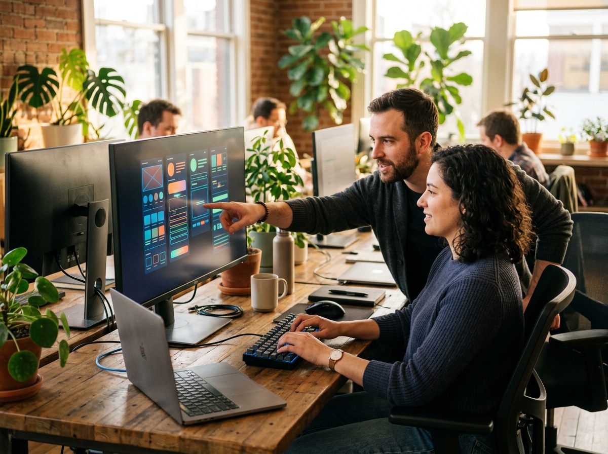 Two developers building an application together at a monitor