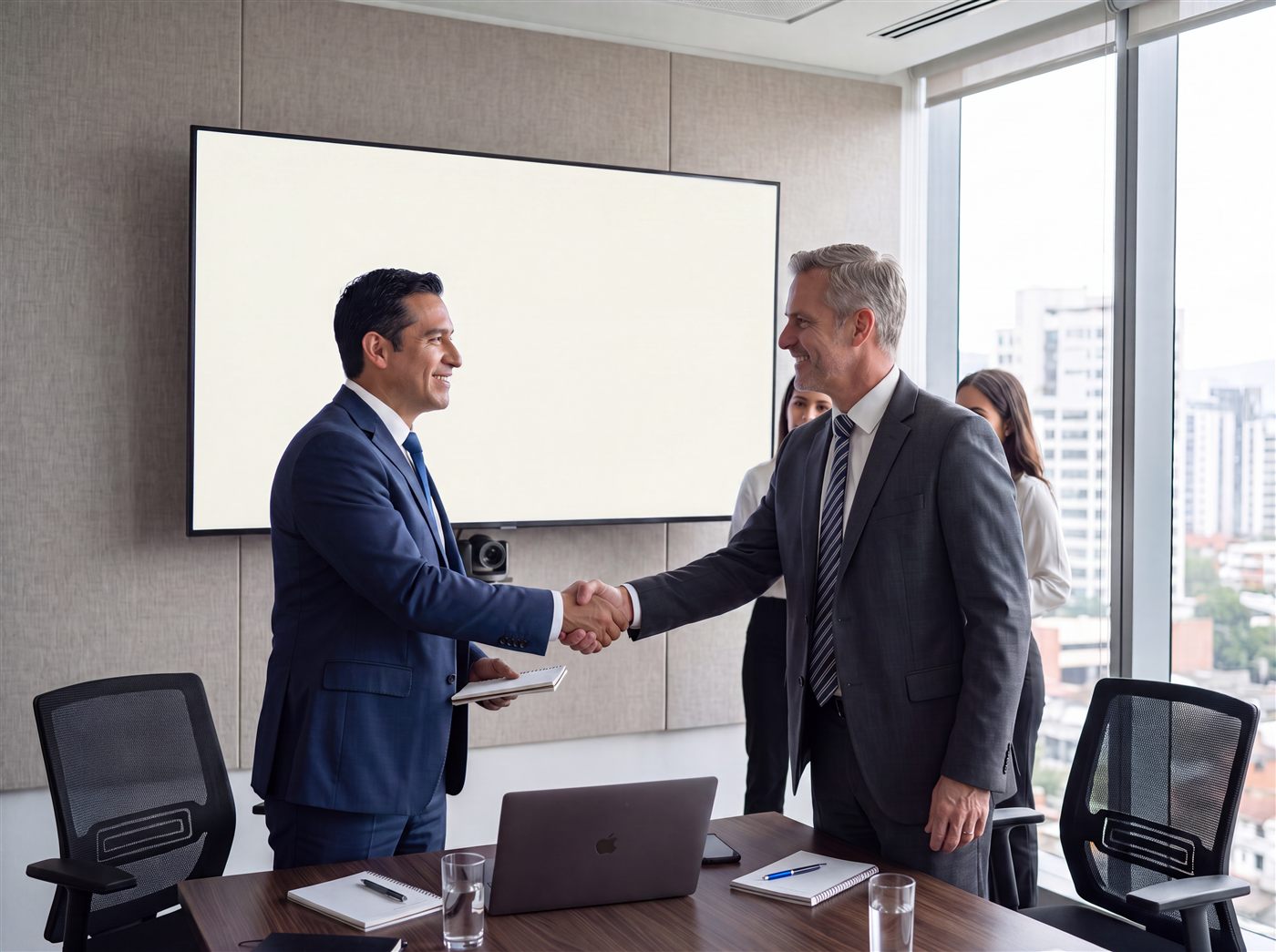 Two professionals shaking hands in a bright meeting room