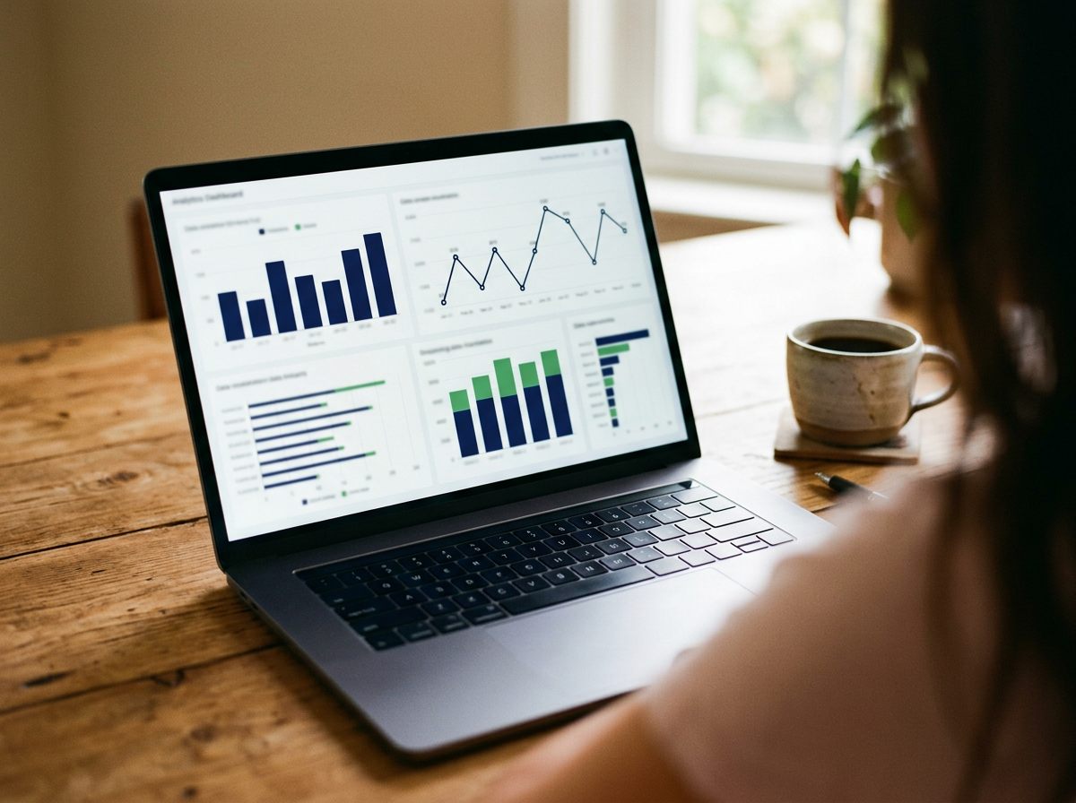 A laptop showing an analytics dashboard with charts